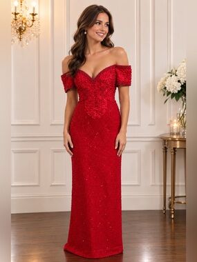 Off-Shoulder Red Beaded Evening Gown